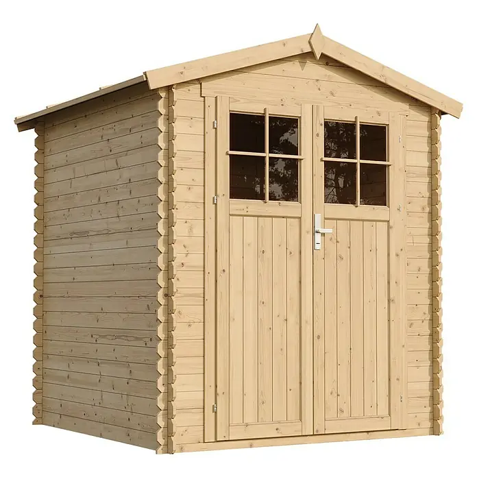 Timbela Gerätehaus M320F - Außenmaß inkl. Dachüberstand (B x T): 196 x 196 cm, Holz, Natur, Ohne Fußboden - Ein helles Holzgartenhaus mit Doppeltür und Fenstern, ideal für die Aufbewahrung von Gartengeräten.