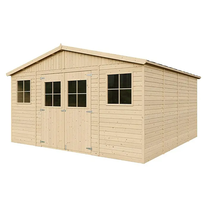 Timbela Gerätehaus M330+330G - Außenmaß inkl. Dachüberstand (B x T): 418 x 420 cm, Holz, Natur, Mit Fußboden - Hölzernes Gartenhaus mit Doppeltür und Fenstern, ideal für die Aufbewahrung von Gartengeräten und -möbeln. Die perfekte Ergänzung für Ihren Garten.