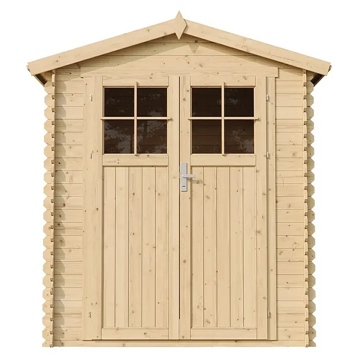 Timbela Gerätehaus M320F - Außenmaß inkl. Dachüberstand (B x T): 196 x 196 cm, Holz, Natur, Ohne Fußboden - Nahaufnahme eines Holzgartenschuppens mit Doppeltüren und Fenstern, der Funktionalität und rustikalen Charme vereint.