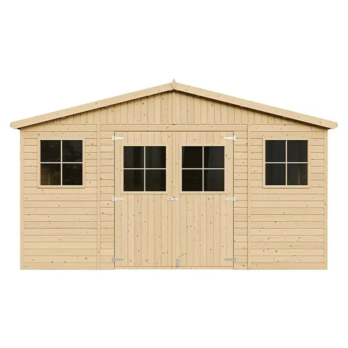 Timbela Gerätehaus M330+330G - Außenmaß inkl. Dachüberstand (B x T): 418 x 420 cm, Holz, Natur, Mit Fußboden - Eine detailreiche Aufnahme eines hölzernen Gartenhauses mit Fenstern und Doppeltür, das rustikalen Charme versprüht.