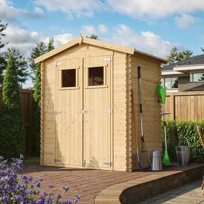 Timbela Gerätehaus M367 - Außenmaß inkl. Dachüberstand (B x T): 196 x 136 cm, Holz, Natur, Ohne Fußboden - Eine Gartenhütte aus Holz mit Gartengeräten im Freien, ideal zur Aufbewahrung und Organisation im Garten.
