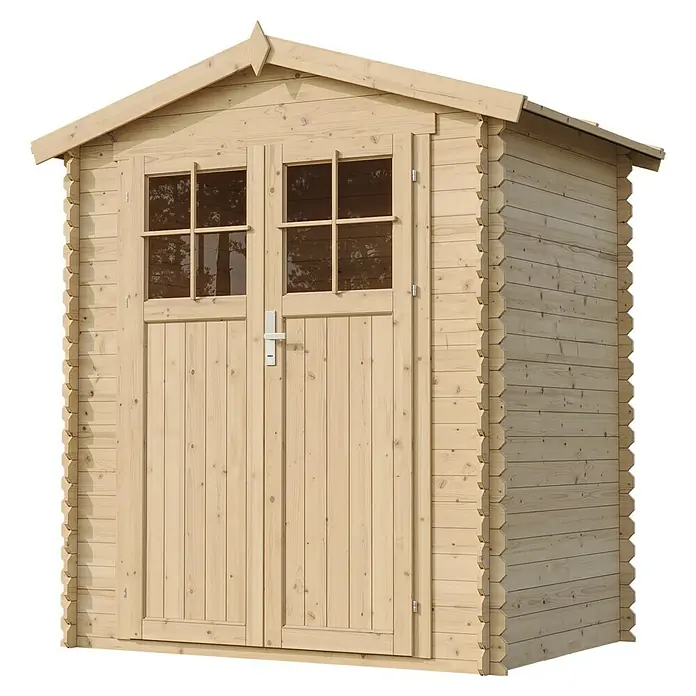 Timbela Gerätehaus M367F - Außenmaß inkl. Dachüberstand (B x T): 196 x 136 cm, Holz, Natur, Ohne Fußboden - Das Bild zeigt ein helles Holzgartenhaus mit Doppeltür und Fenstern, ideal für die Aufbewahrung von Gartengeräten und Zubehör.
