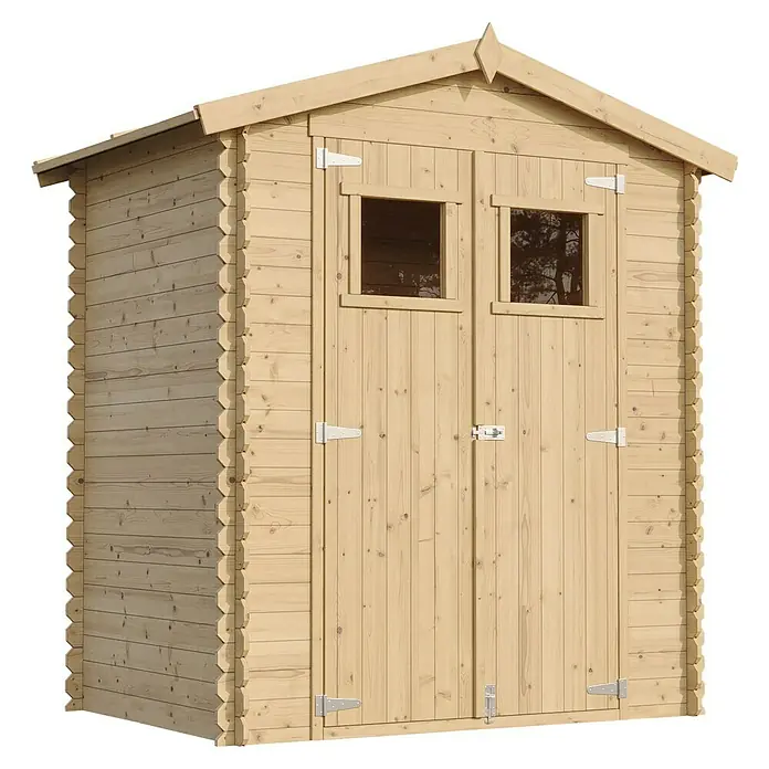Timbela Gerätehaus M367 - Außenmaß inkl. Dachüberstand (B x T): 196 x 136 cm, Holz, Natur, Ohne Fußboden - Ein helles Holzgartenhaus mit Doppeltüren und zwei kleinen Fenstern unter dem Giebeldach. Ideal für die Aufbewahrung von Gartengeräten.