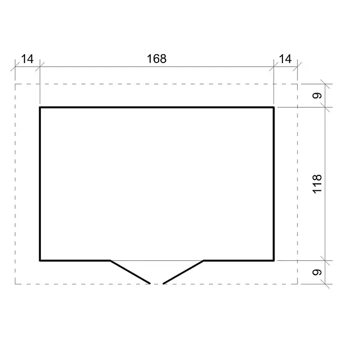 Timbela Gerätehaus M367 - Außenmaß inkl. Dachüberstand (B x T): 196 x 136 cm, Holz, Natur, Ohne Fußboden - Detaillierte technische Zeichnung eines rechteckigen Objekts mit abgeschrägter Seite, versehen mit präzisen Maßangaben zur Veranschaulichung.