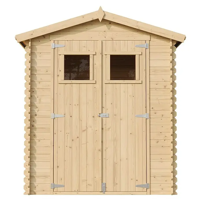 Timbela Gerätehaus M367 - Außenmaß inkl. Dachüberstand (B x T): 196 x 136 cm, Holz, Natur, Ohne Fußboden - Abbildung eines Holzschuppens mit Doppeltüren und Fenstern, ideal für die Aufbewahrung im Garten.