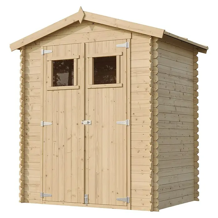 Timbela Gerätehaus M367 - Außenmaß inkl. Dachüberstand (B x T): 196 x 136 cm, Holz, Natur, Ohne Fußboden - Ein helles, unbehandeltes Holzgartenhaus mit Doppeltür und Fenstern, ideal für die Lagerung von Gartengeräten. Die stabile Bauweise sorgt für Langlebigkeit.
