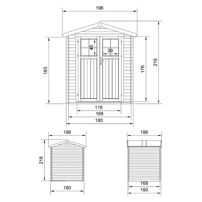 Timbela Gerätehaus M320F - Außenmaß inkl. Dachüberstand (B x T): 196 x 196 cm, Holz, Natur, Ohne Fußboden - Eine detaillierte Schemazeichnung eines Holzschuppens mit Maßangaben zu Höhe, Breite und Tiefe für eine einfache Montage.