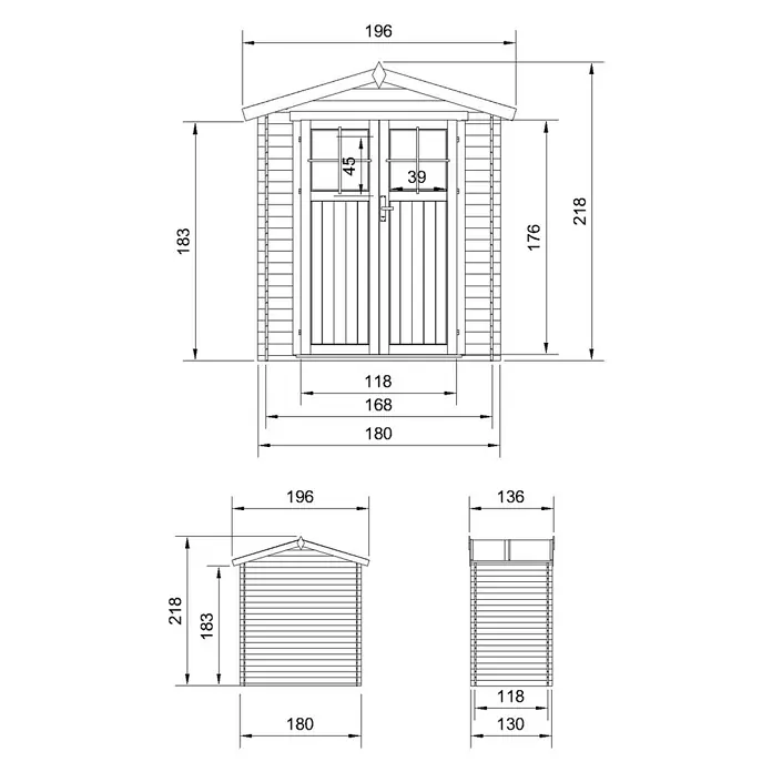 Timbela Gerätehaus M367F - Außenmaß inkl. Dachüberstand (B x T): 196 x 136 cm, Holz, Natur, Ohne Fußboden - Technische Zeichnung eines Gartenhauses mit verschiedenen Ansichten und Bemaßungen zur detaillierten Planung.