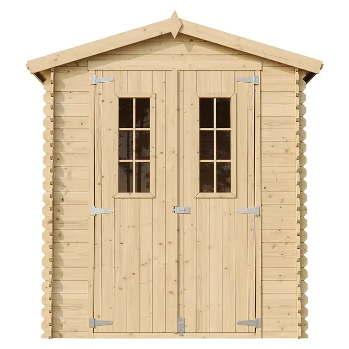Timbela Gerätehaus M320C - Außenmaß inkl. Dachüberstand (B x T): 196 x 196 cm, Holz, Natur, Ohne Fußboden - Ein hölzernes Gartenhaus mit Doppeltüren und kleinen Fenstern. Die Hütte ist aus hellem Holz und hat ein spitzes Dach.