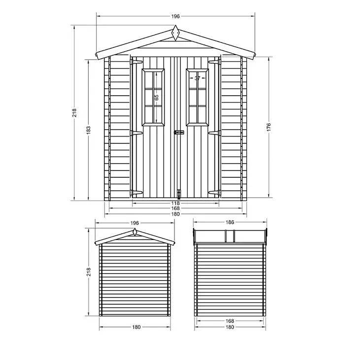Timbela Gerätehaus M320C - Außenmaß inkl. Dachüberstand (B x T): 196 x 196 cm, Holz, Natur, Ohne Fußboden - Abbildung eines Gartenhauses mit Maßangaben. Das Gartenhaus ist aus Holz und hat ein Satteldach und eine Doppeltür mit Fenstern.