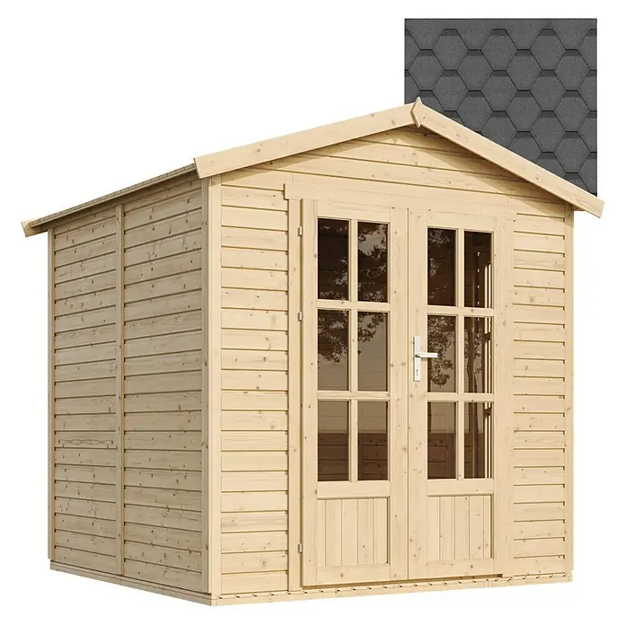 Timbela Gerätehaus M351FB+H351FBBLACK - Außenmaß inkl. Dachüberstand (B x T): 233 x 222 cm, Holz, Natur, Mit schwarzen Bitumenschindeln - Geräumiges Gartenhaus aus Holz mit Doppeltür und Fenstern, ideal für die Aufbewahrung von Gartengeräten und Möbeln.