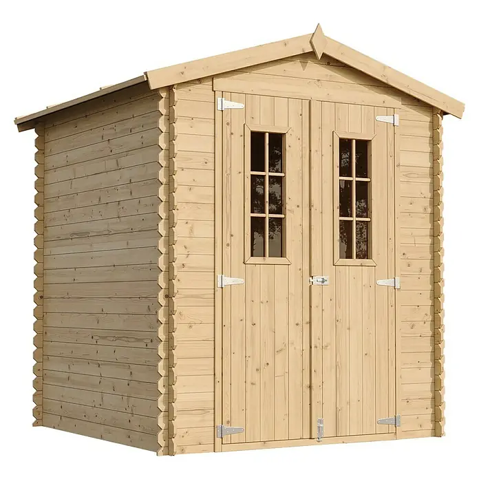 Timbela Gerätehaus M320C - Außenmaß inkl. Dachüberstand (B x T): 196 x 196 cm, Holz, Natur, Ohne Fußboden - Foto eines Holzschuppens mit Doppeltüren und Fenstern, ideal für die Gartenaufbewahrung. Die Bauweise ist rustikal und ansprechend.