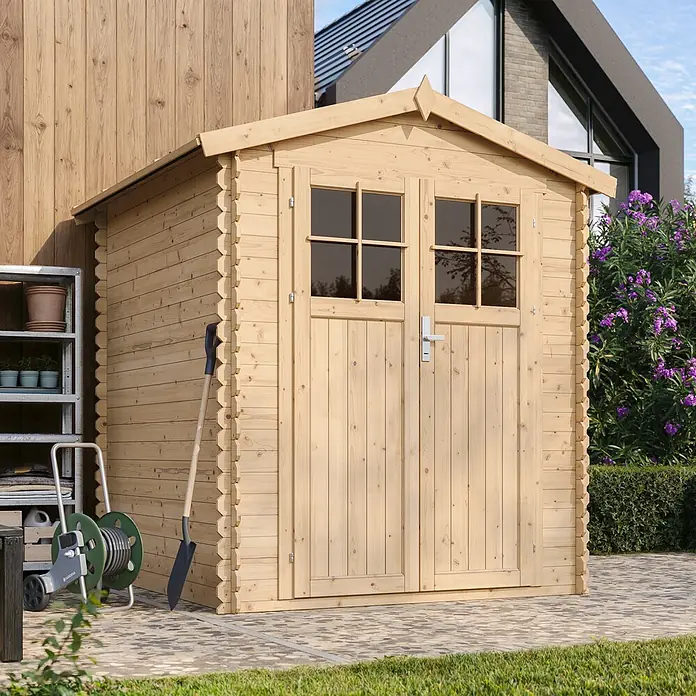 Timbela Gerätehaus M320F - Außenmaß inkl. Dachüberstand (B x T): 196 x 196 cm, Holz, Natur, Ohne Fußboden - Geräumiges Gartenhaus aus Holz mit Doppeltür und Fenstern, ideal für die Aufbewahrung von Gartengeräten und Werkzeugen.