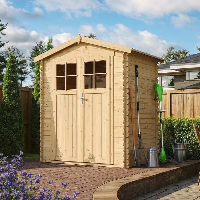 Timbela Gerätehaus M367F - Außenmaß inkl. Dachüberstand (B x T): 196 x 136 cm, Holz, Natur, Ohne Fußboden - Geräumiges Gartenhaus aus Holz mit Doppeltür und Fenstern, ideal zur Aufbewahrung von Gartengeräten und -möbeln.