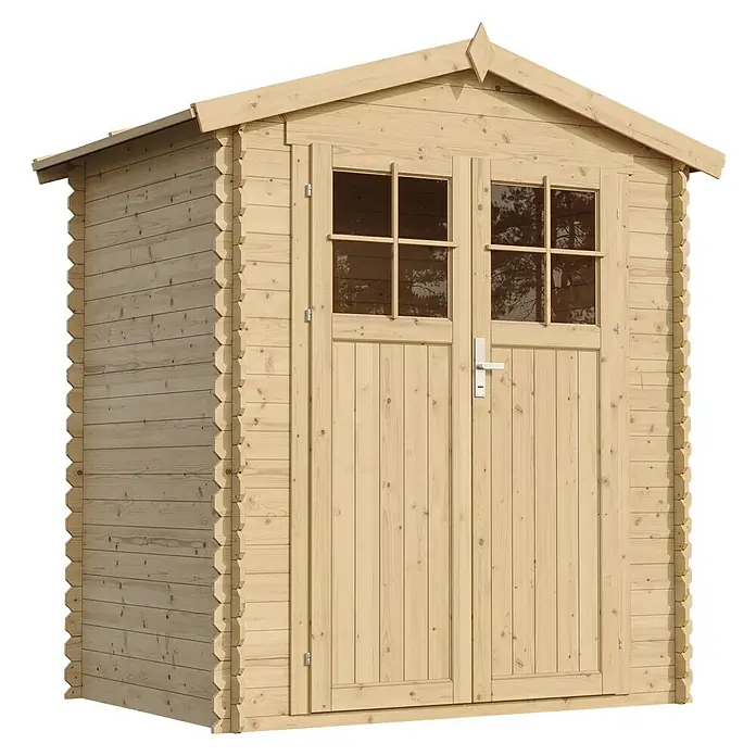 Timbela Gerätehaus M367F - Außenmaß inkl. Dachüberstand (B x T): 196 x 136 cm, Holz, Natur, Ohne Fußboden - Holzgartenhaus mit Doppeltür und Fenstern für den Garten oder den Hinterhof. Das Gartenhaus ist aus hellem Holz gefertigt.