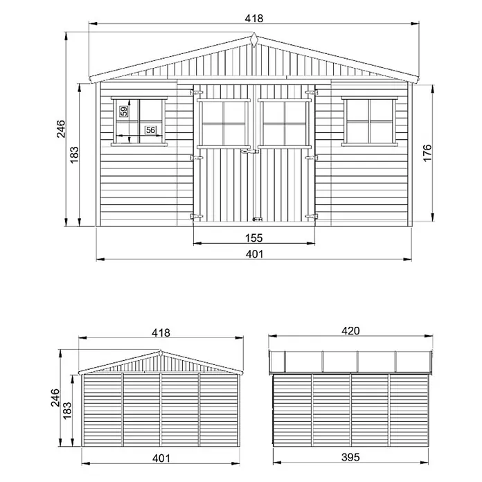 Timbela Gerätehaus M330+330G - Außenmaß inkl. Dachüberstand (B x T): 418 x 420 cm, Holz, Natur, Mit Fußboden - Bauplan eines Gartenhauses mit Maßen für Breite, Höhe und Tiefe zur detaillierten Planung des Projekts.