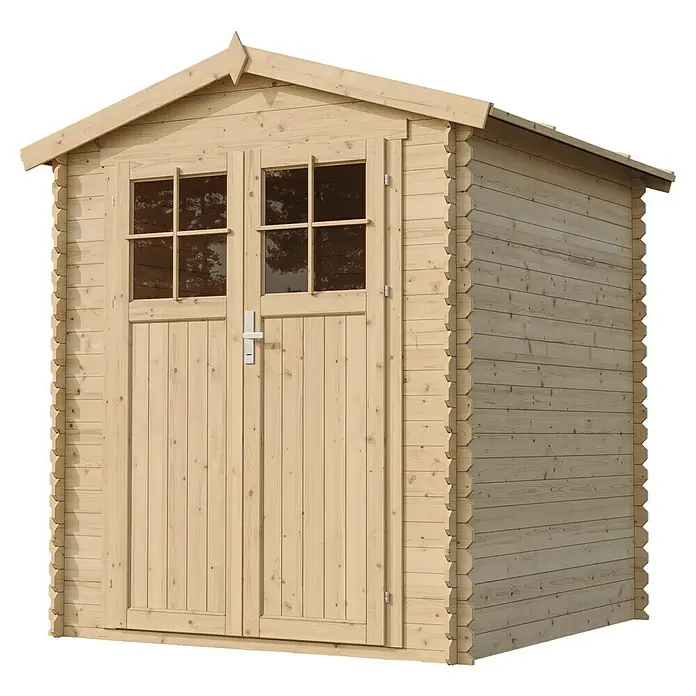 Timbela Gerätehaus M320F - Außenmaß inkl. Dachüberstand (B x T): 196 x 196 cm, Holz, Natur, Ohne Fußboden - Holzgartenhaus mit Doppeltür und Fenstern für den Garten oder das Grundstück. Ideal zur Aufbewahrung von Gartengeräten und Werkzeugen.