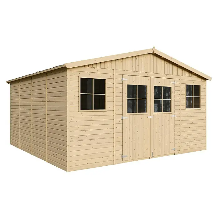Timbela Gerätehaus M330+330G - Außenmaß inkl. Dachüberstand (B x T): 418 x 420 cm, Holz, Natur, Mit Fußboden - Geräumiges Holzgartenhaus mit Fenstern und Doppeltür. Ideal für die Lagerung von Gartengeräten und -möbeln.