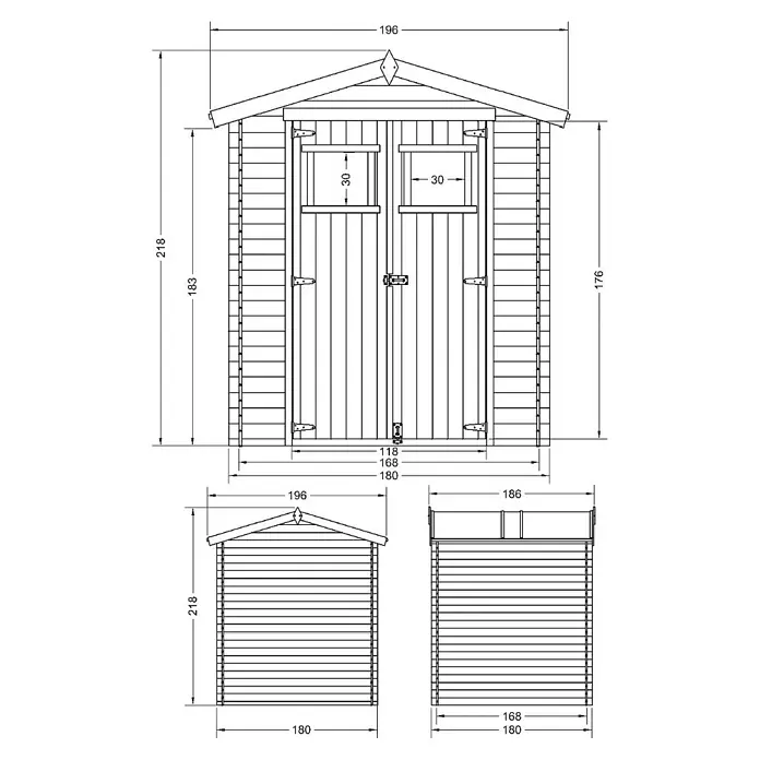 Timbela Gerätehaus M320 - Außenmaß inkl. Dachüberstand (B x T): 196 x 196 cm, Holz, Natur, Ohne Fußboden - Technische Zeichnung eines Gartenhauses mit Maßangaben zu Höhe, Breite und Dachüberstand für detaillierte Bauplanung.