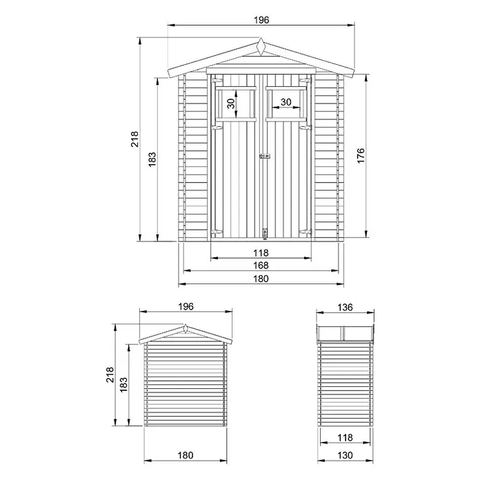 Timbela Gerätehaus M367 - Außenmaß inkl. Dachüberstand (B x T): 196 x 136 cm, Holz, Natur, Ohne Fußboden - Abbildung eines Holzschuppens mit Maßangaben zu Länge, Höhe und Breite zur Veranschaulichung der Abmessungen.