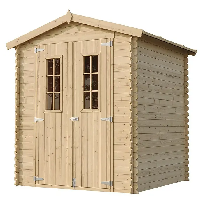Timbela Gerätehaus M320C - Außenmaß inkl. Dachüberstand (B x T): 196 x 196 cm, Holz, Natur, Ohne Fußboden - Holzgartenhaus mit Doppeltür und zwei Fenstern für zusätzlichen Komfort und ausreichend Tageslicht. Ideal für die Gartenaufbewahrung.