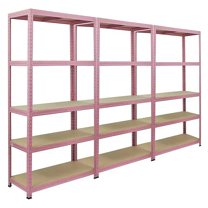 Proregal Schwerlastregal Wohnregal Mega Deal PINK LADY - H x B x T: 180 x 90 x 40 cm, Traglast pro Boden: 175 kg, Anzahl Böden: 5 Stk., Stecken, Pink - Ansicht eines großen, robusten Lagerregals in Rosa mit mehreren Regalebenen zur Aufbewahrung von Gegenständen.
