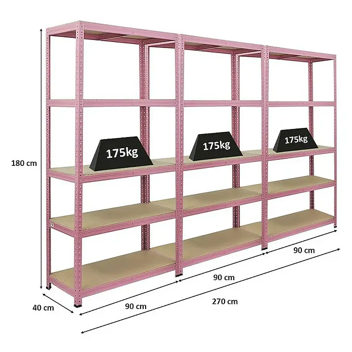 Proregal Schwerlastregal Wohnregal Mega Deal PINK LADY - H x B x T: 180 x 90 x 40 cm, Traglast pro Boden: 175 kg, Anzahl Böden: 5 Stk., Stecken, Pink - Ein rosafarbenes Lagerregal mit vier Ebenen, das jeweils mit einem Gewicht von 175 kg belastet ist, zur Lagerung von Gegenständen.