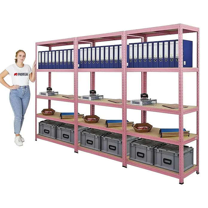Proregal Schwerlastregal Wohnregal Mega Deal PINK LADY - H x B x T: 180 x 90 x 40 cm, Traglast pro Boden: 175 kg, Anzahl Böden: 5 Stk., Stecken, Pink - Vielseitiges, rosafarbenes Metallregalsystem mit robusten Regalböden, ideal zur Lagerung von Aktenordnern, Boxen und Büroutensilien.