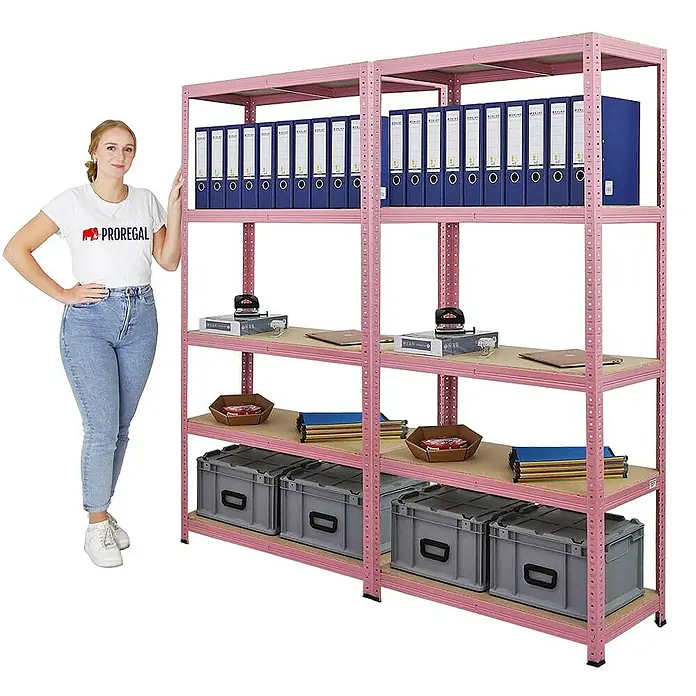 Proregal Schwerlastregal Wohnregal Mega Deal PINK LADY - H x B x T: 180 x 90 x 40 cm, Traglast pro Boden: 175 kg, Anzahl Böden: 5 Stk., Stecken, Pink - Regalsystem in Rosa mit vier Regalebenen, gefüllt mit Ordnern, Boxen und Büromaterialien, neben einer Dame.
