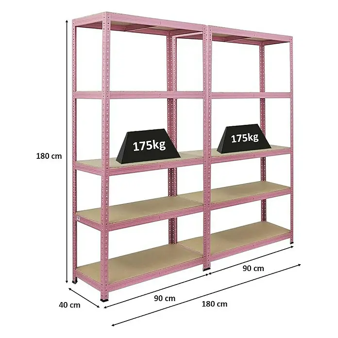 Proregal Schwerlastregal Wohnregal Mega Deal PINK LADY - H x B x T: 180 x 90 x 40 cm, Traglast pro Boden: 175 kg, Anzahl Böden: 5 Stk., Stecken, Pink - Regal mit Abmessungen und Gewichtsangaben. Robustes Regal für Lagerung mit einer Höhe von 180cm und einer Breite von 90cm pro Fach.