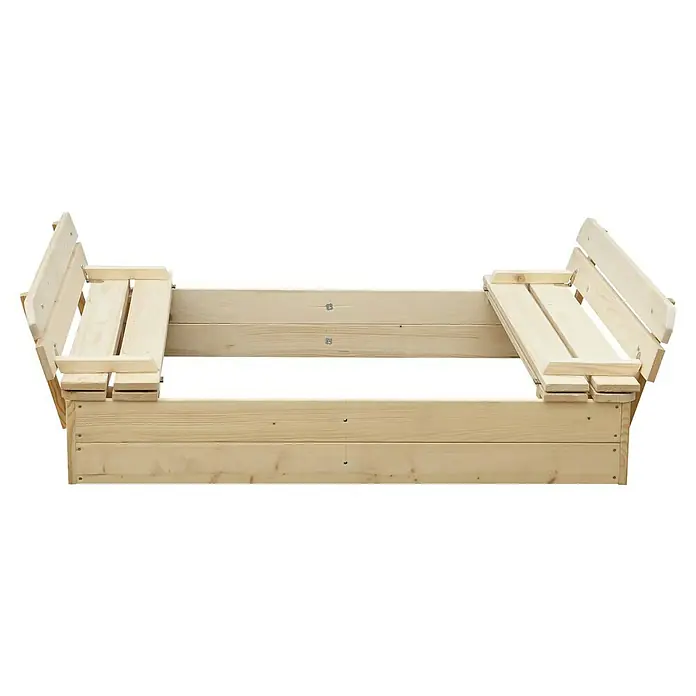 Timbela Sandkasten - L x B: 122 x 118 cm, Holz, Natur - Dieses Bild zeigt einen Sandkasten mit verstellbaren Bänken. Die Holzbänke sind an den Seiten des Sandkastens befestigt und bieten Sitzgelegenheiten.