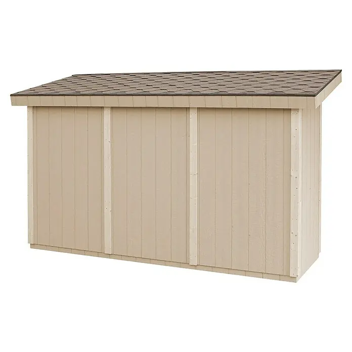 Timbela Gerätehaus M902A - Außenmaß inkl. Dachüberstand (B x T): 412 x 161 cm, Holz, Natur - Nahaufnahme eines Geräteschuppens mit geneigtem Dach und senkrechter Holzverkleidung, ideal zur Aufbewahrung von Gartengeräten.