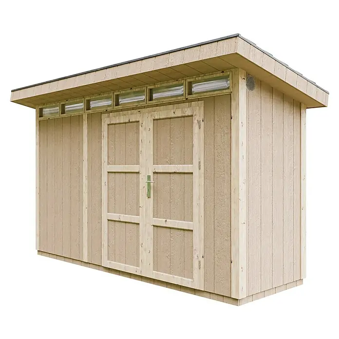 Timbela Gerätehaus M902A - Außenmaß inkl. Dachüberstand (B x T): 412 x 161 cm, Holz, Natur - Helles Holzgartenhaus mit Doppeltür und Oberlichtern unter dem Dach. Ideal zur Aufbewahrung von Gartengeräten.