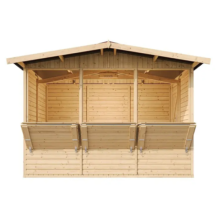 Timbela Marktstand M150A - Außenbreite inkl. Dachüberstand: 336 cm, Außentiefe inkl. Dachüberstand: 263 cm, Natur - Ansicht eines Holzverkaufsstandes mit ausklappbaren Ablagen für den Außenbereich, ideal für Märkte.