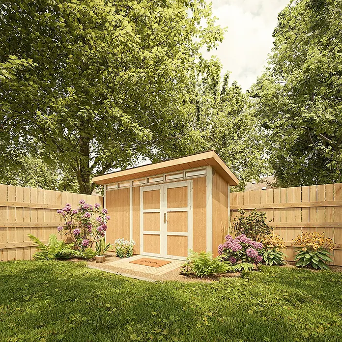 Timbela Gerätehaus M902A - Außenmaß inkl. Dachüberstand (B x T): 412 x 161 cm, Holz, Natur - Ein modernes Gartenschuppen-Set mit Doppeltüren und Oberlichtern vor einem üppigen Garten mit Holzzaun.
