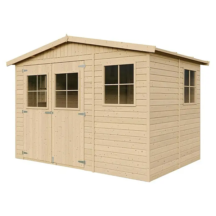 Timbela Gerätehaus M334 - Außenmaß inkl. Dachüberstand (B x T): 324 x 216 cm, Holz, Natur, Ohne Fußboden - Ein geräumiges Gartenhaus aus hellem Holz mit Fenstern und Doppeltür bietet viel Stauraum für Gartengeräte und mehr.