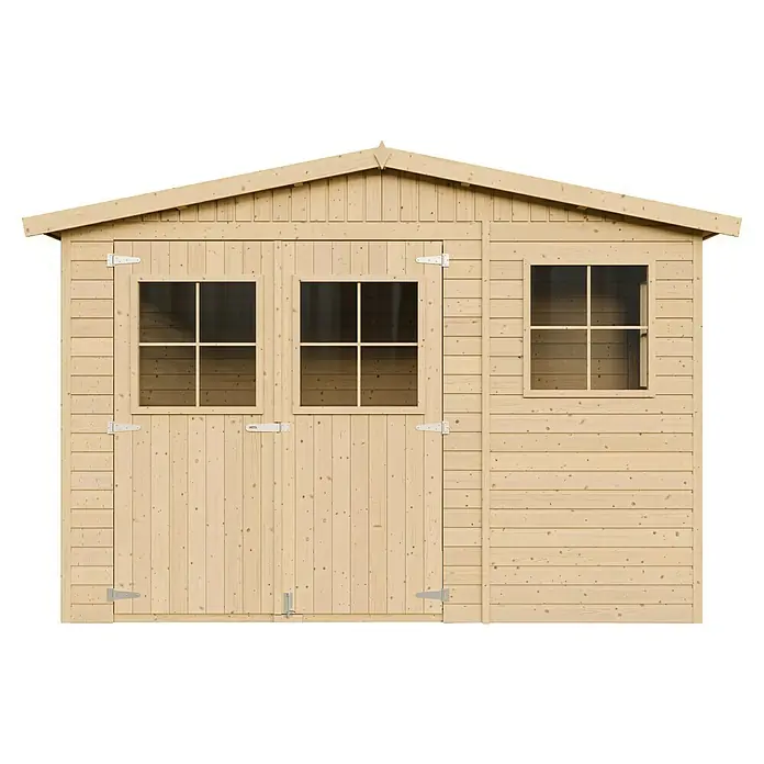 Timbela Gerätehaus M334 - Außenmaß inkl. Dachüberstand (B x T): 324 x 216 cm, Holz, Natur, Ohne Fußboden - Das Bild zeigt ein Holzgartenhaus mit Doppeltür und Fenstern, ideal für die Aufbewahrung von Gartengeräten oder als Hobbyraum.