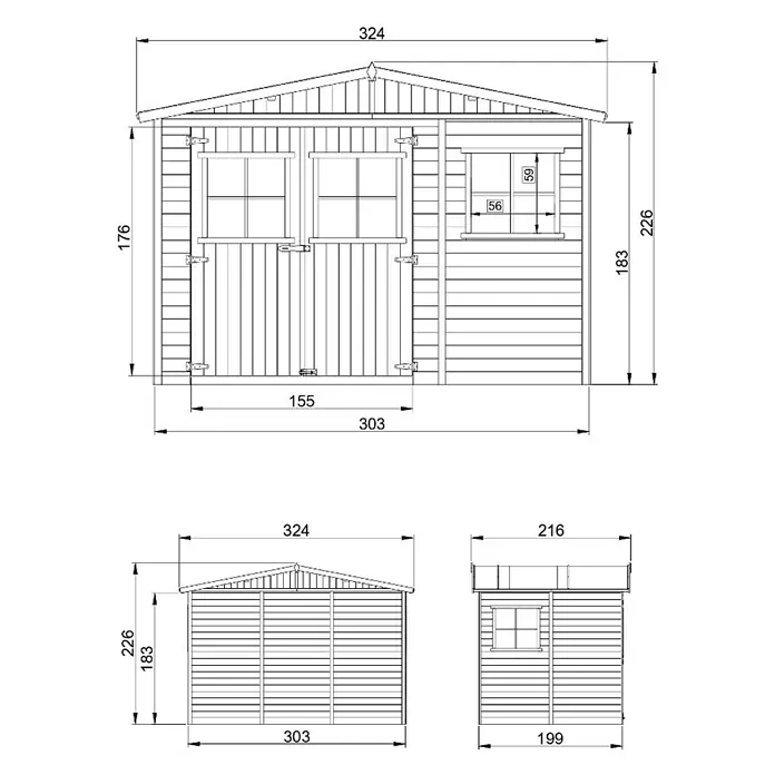 Timbela Gerätehaus M334 - Außenmaß inkl. Dachüberstand (B x T): 324 x 216 cm, Holz, Natur, Ohne Fußboden - Dimensionszeichnung eines Gartenhauses mit Tür und Fenster. Die Gesamtbreite beträgt 324 cm und die Höhe 226 cm.
