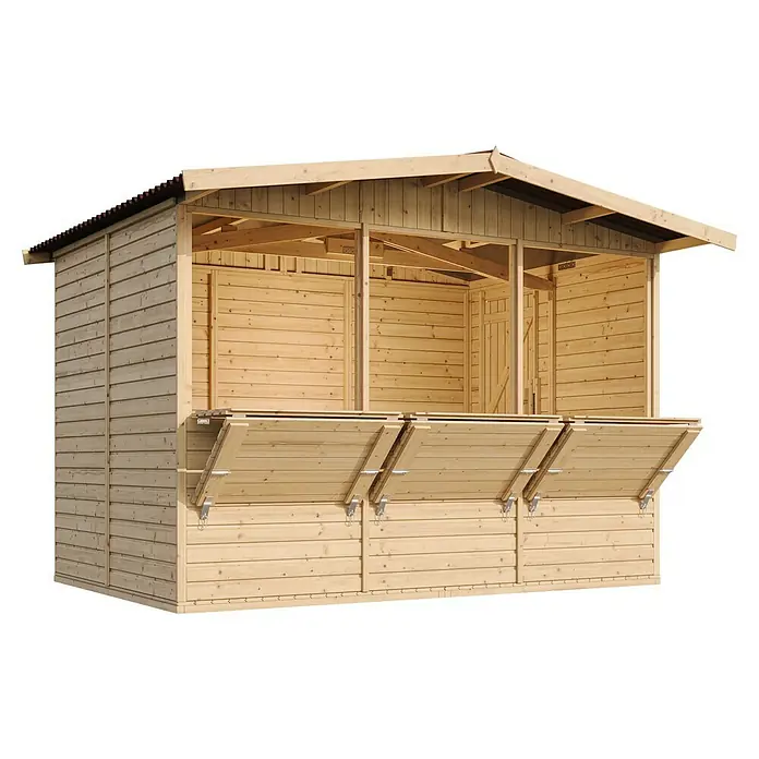 Timbela Marktstand M150A - Außenbreite inkl. Dachüberstand: 336 cm, Außentiefe inkl. Dachüberstand: 263 cm, Natur - Ein hölzerner Verkaufsstand mit offenen Klappen, ideal für Märkte und Veranstaltungen, bietet vielseitige Präsentationsmöglichkeiten.