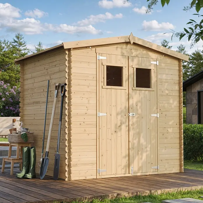 Timbela Gerätehaus M369 - Außenmaß inkl. Dachüberstand (B x T): 236 x 226 cm, Holz, Natur, Ohne Fußboden - Geräumiges Gartenhaus aus Holz mit Doppeltür, ideal zur Aufbewahrung von Gartengeräten und Zubehör.