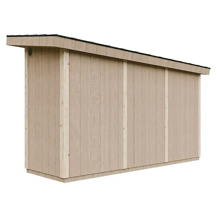 Timbela Gerätehaus M902A - Außenmaß inkl. Dachüberstand (B x T): 412 x 161 cm, Holz, Natur - Außenansicht eines beigen Geräteschuppens mit schrägem Dach und vertikaler Holzverkleidung. Das Lagerhaus verfügt über eine einfache und funktionelle Bauweise.