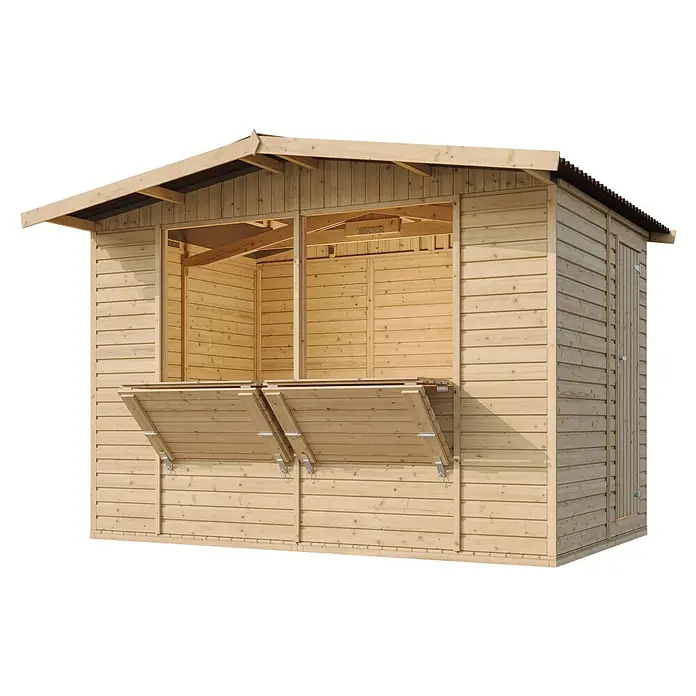 Timbela Marktstand M150 - Außenbreite inkl. Dachüberstand: 336 cm, Außentiefe inkl. Dachüberstand: 263 cm, Natur - Detailansicht eines Verkaufsstandes aus hellem Holz mit heruntergeklappten Fensterläden und einem Dach mit leichter Neigung.