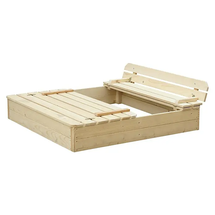 Timbela Sandkasten - L x B: 122 x 118 cm, Holz, Natur - Sandkasten aus Holz mit klappbarem Deckel, der sich in eine Bank verwandeln lässt. Ideal für Kinder zum Spielen im Garten.