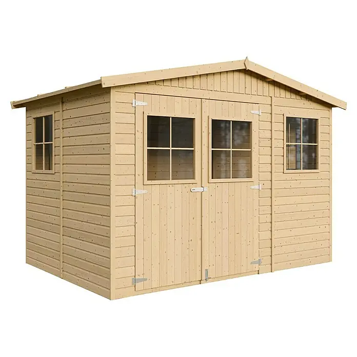 Timbela Gerätehaus M334 - Außenmaß inkl. Dachüberstand (B x T): 324 x 216 cm, Holz, Natur, Ohne Fußboden - Ein helles Holzgartenhaus mit Doppeltür und Fenstern, ideal zur Aufbewahrung von Gartengeräten und -möbeln.