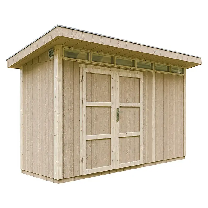 Timbela Gerätehaus M902A - Außenmaß inkl. Dachüberstand (B x T): 412 x 161 cm, Holz, Natur - Ein geräumiges Holzgartenhaus mit Doppeltüren und Oberlichtern für zusätzlichen Komfort und Funktionalität im Garten.