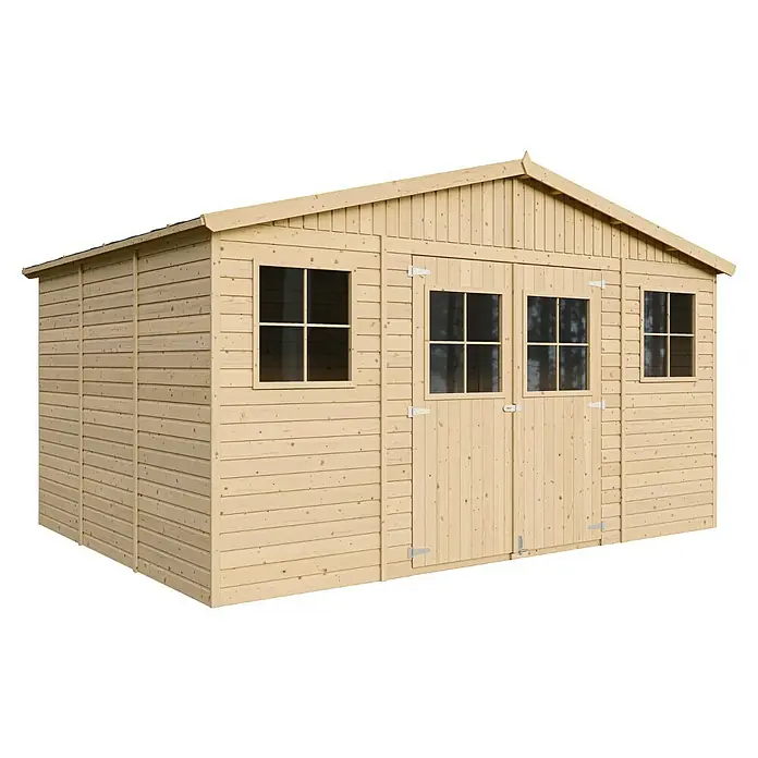Timbela Gerätehaus M331 - Außenmaß inkl. Dachüberstand (B x T): 418 x 320 cm, Holz, Natur, Ohne Fußboden - Ein geräumiges Gartenhaus aus hellem Holz mit Fenstern und Doppeltür. Ideal zur Aufbewahrung von Gartengeräten und Werkzeugen.