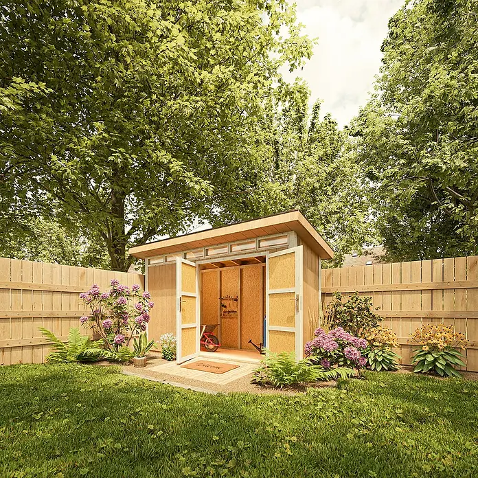 Timbela Gerätehaus M902A - Außenmaß inkl. Dachüberstand (B x T): 412 x 161 cm, Holz, Natur - Ein modernes Gartenhaus mit geöffneten Türen, umgeben von Grün.