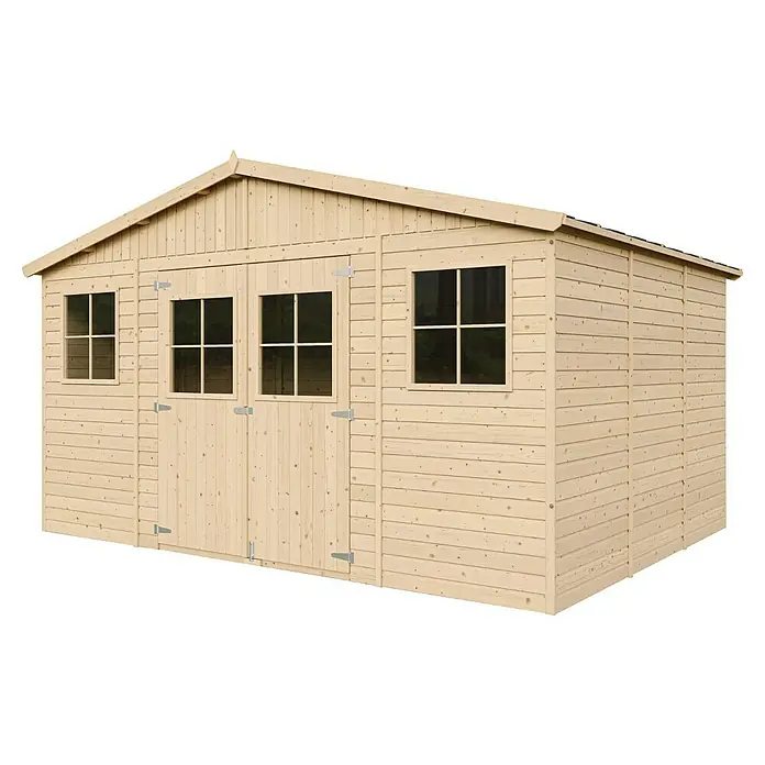 Timbela Gerätehaus M331 - Außenmaß inkl. Dachüberstand (B x T): 418 x 320 cm, Holz, Natur, Ohne Fußboden - Abbildung eines hellen Holzschuppens mit Fenstern und Doppeltüren, ideal für die Gartenaufbewahrung. Solide Bauweise für lange Lebensdauer.