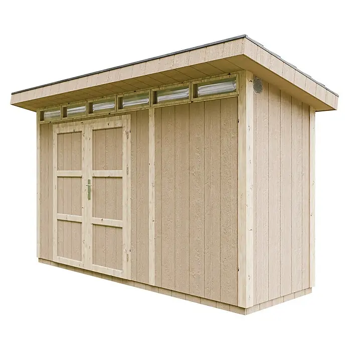 Timbela Gerätehaus M902A - Außenmaß inkl. Dachüberstand (B x T): 412 x 161 cm, Holz, Natur - Abbildung eines hellbraunen Gartenhauses mit Doppeltür und Oberlichtern unter dem Dach.