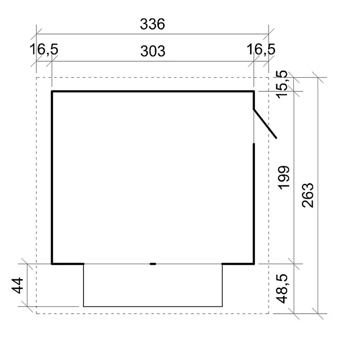 Timbela Marktstand M150 - Außenbreite inkl. Dachüberstand: 336 cm, Außentiefe inkl. Dachüberstand: 263 cm, Natur - Bauplan eines Gartenhauses mit genauen Abmessungen. Ideal für Handwerker und Gartenliebhaber zur Planung des perfekten Gartenprojekts.